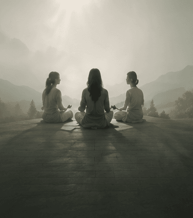 Small group gathered in a misty natural landscape
