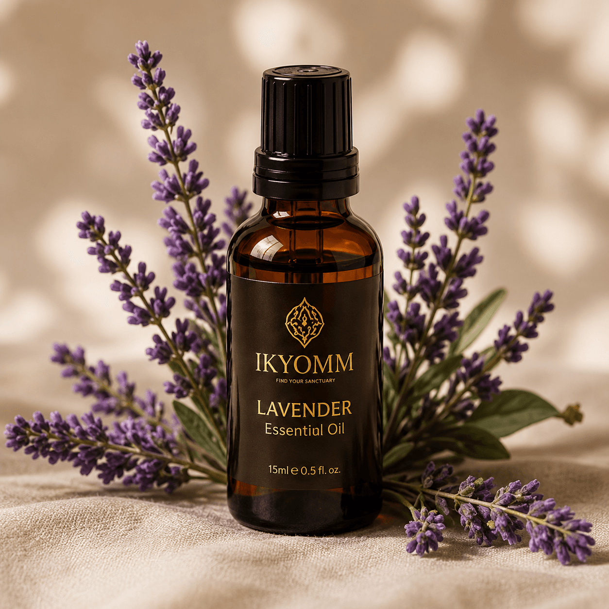Lavender Essential Oil bottle beside IKYOMM packaging