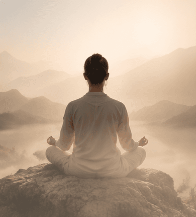Person meditating before a quiet mountain view