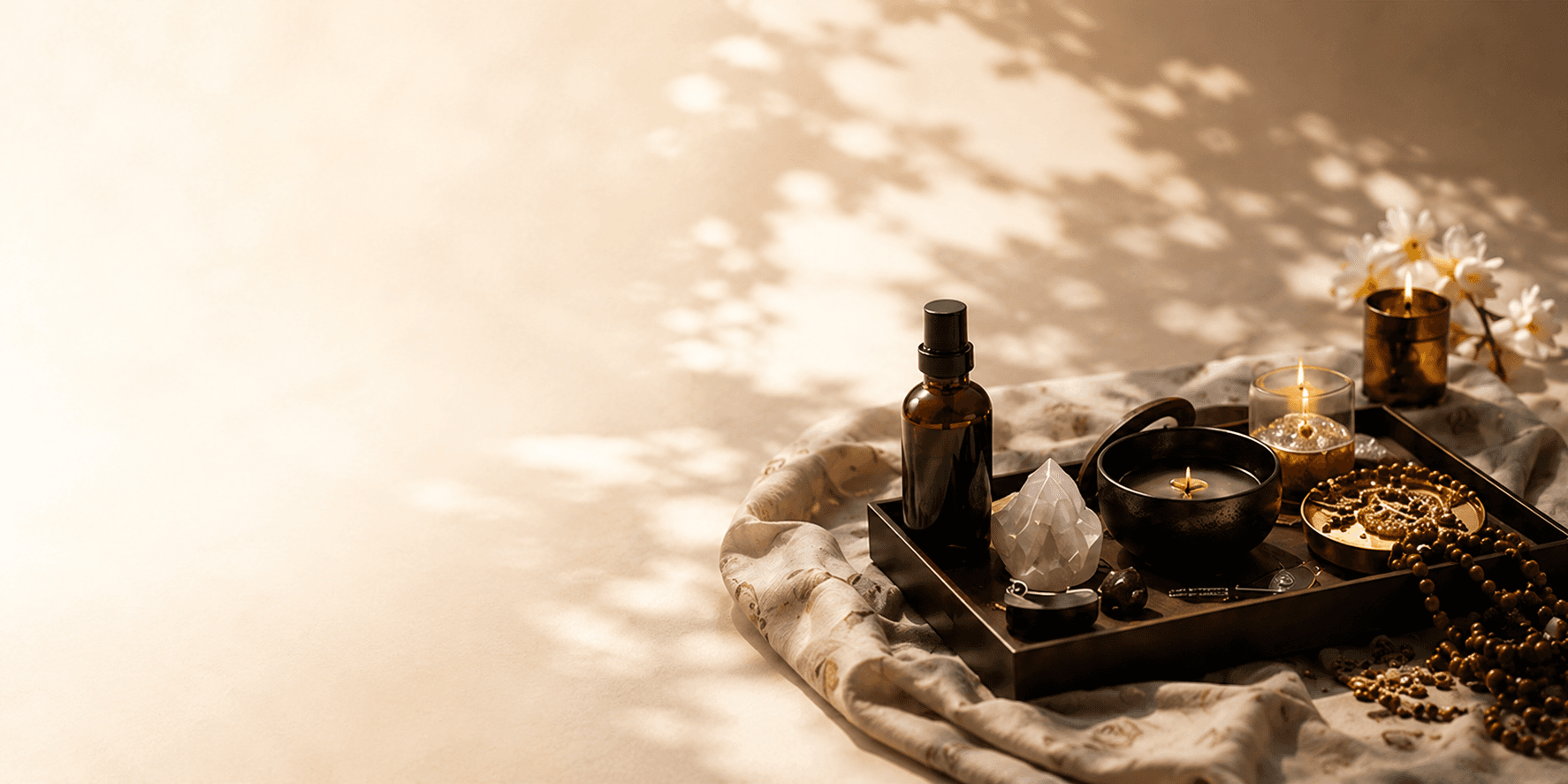 IKYOMM Treasures ritual objects with crystals, oil and a singing bowl